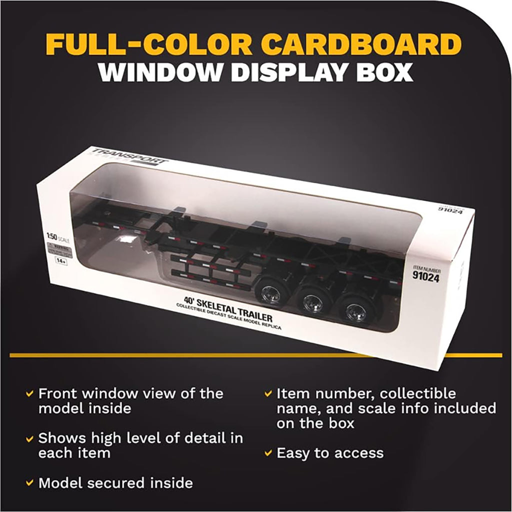 Full-color cardboard window display box with model trailer inside, on a black background.
