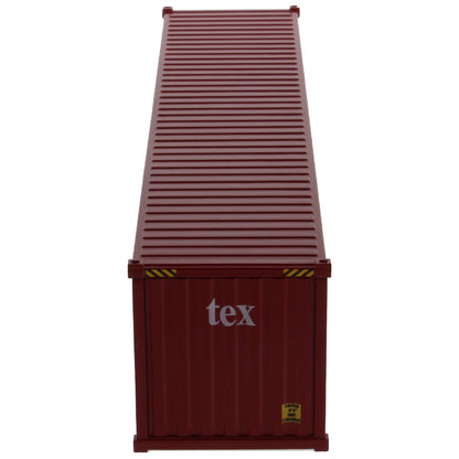 A burgundy 40 foot shipping container with white 'tex' text on the side, shown on a plain white background.