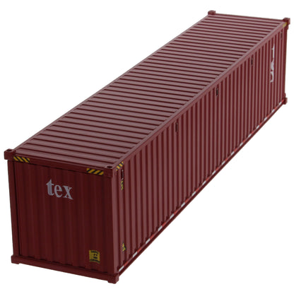 A burgundy 40 foot shipping container with white 'tex' text on the side, shown on a plain white background.
