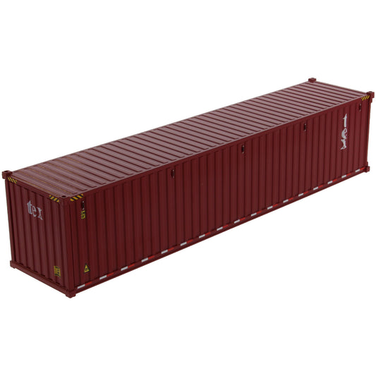 A burgundy 40 foot shipping container with white 'tex' text on the side, shown on a plain white background.