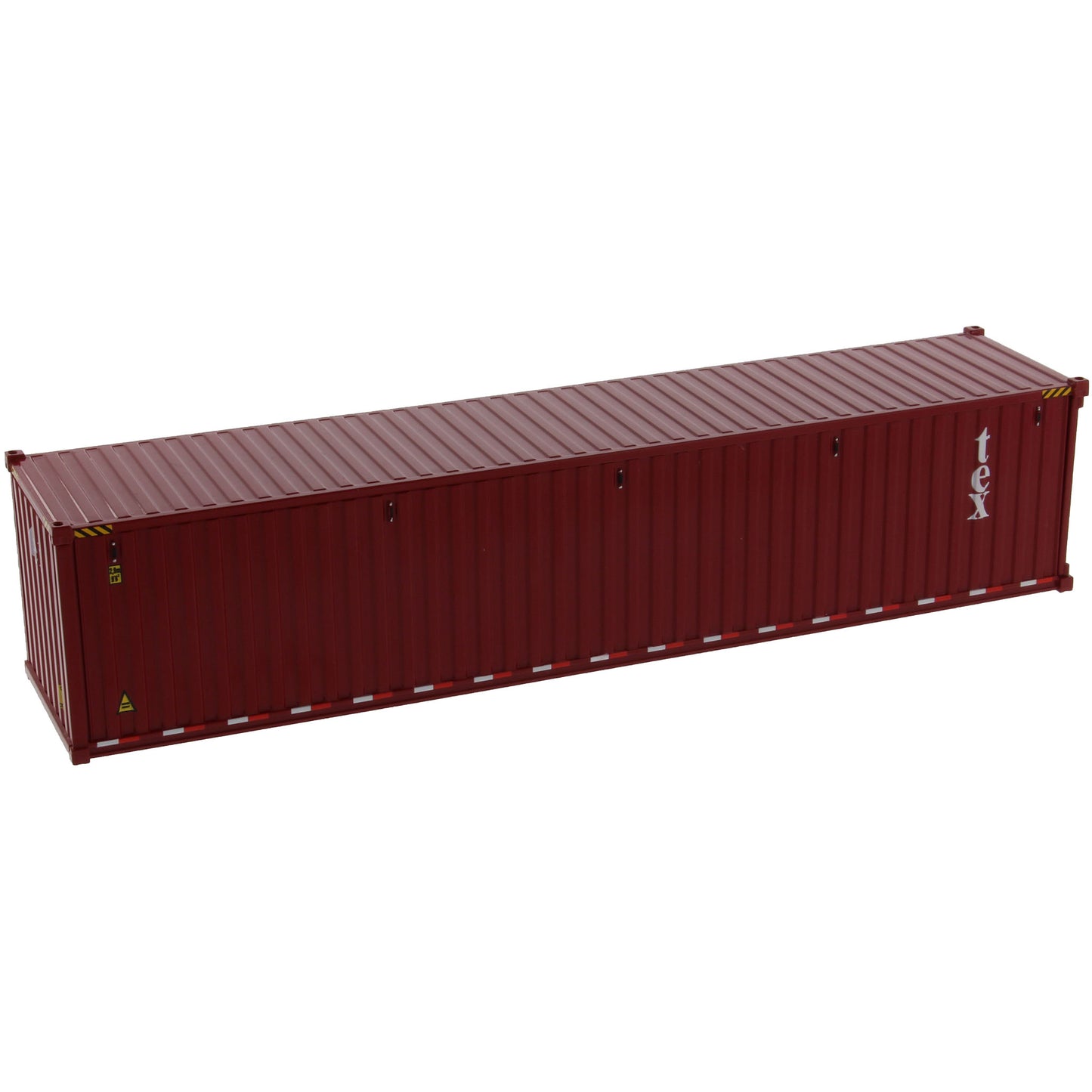 A burgundy 40 foot shipping container with white 'tex' text on the side, shown on a plain white background.