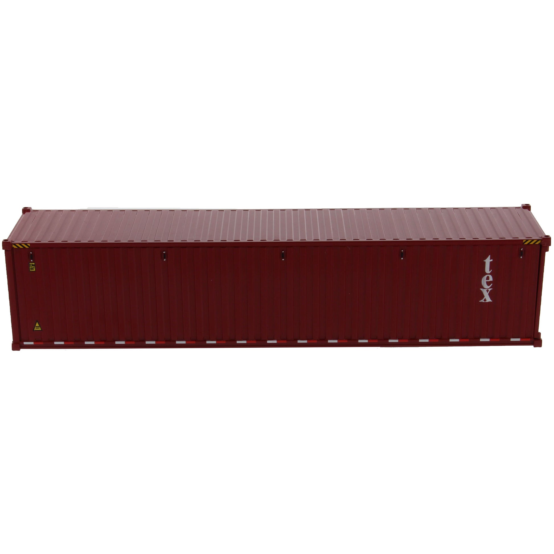 A burgundy 40 foot shipping container with white 'tex' text on the side, shown on a plain white background.