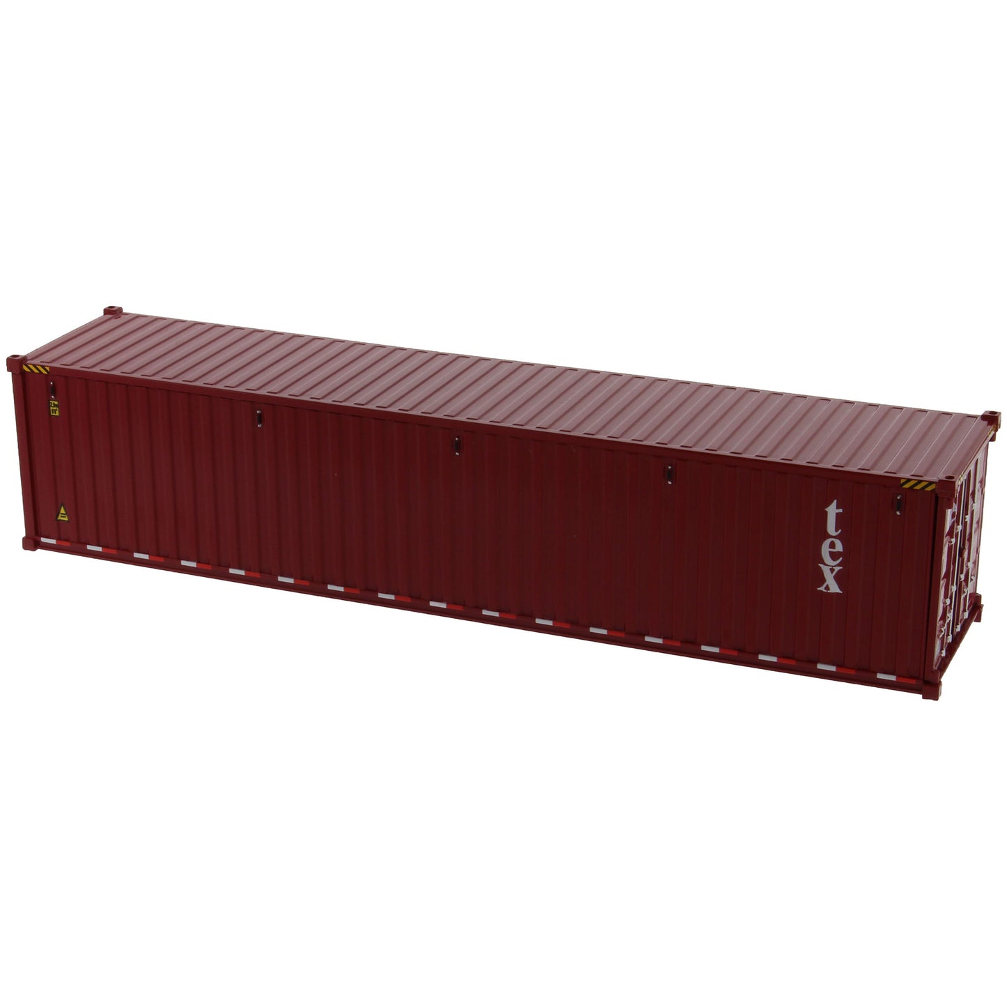 A burgundy 40 foot shipping container with white 'tex' text on the side, shown on a plain white background.