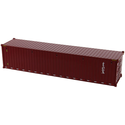 A burgundy 40 foot shipping container with white 'tex' text on the side, shown on a plain white background.