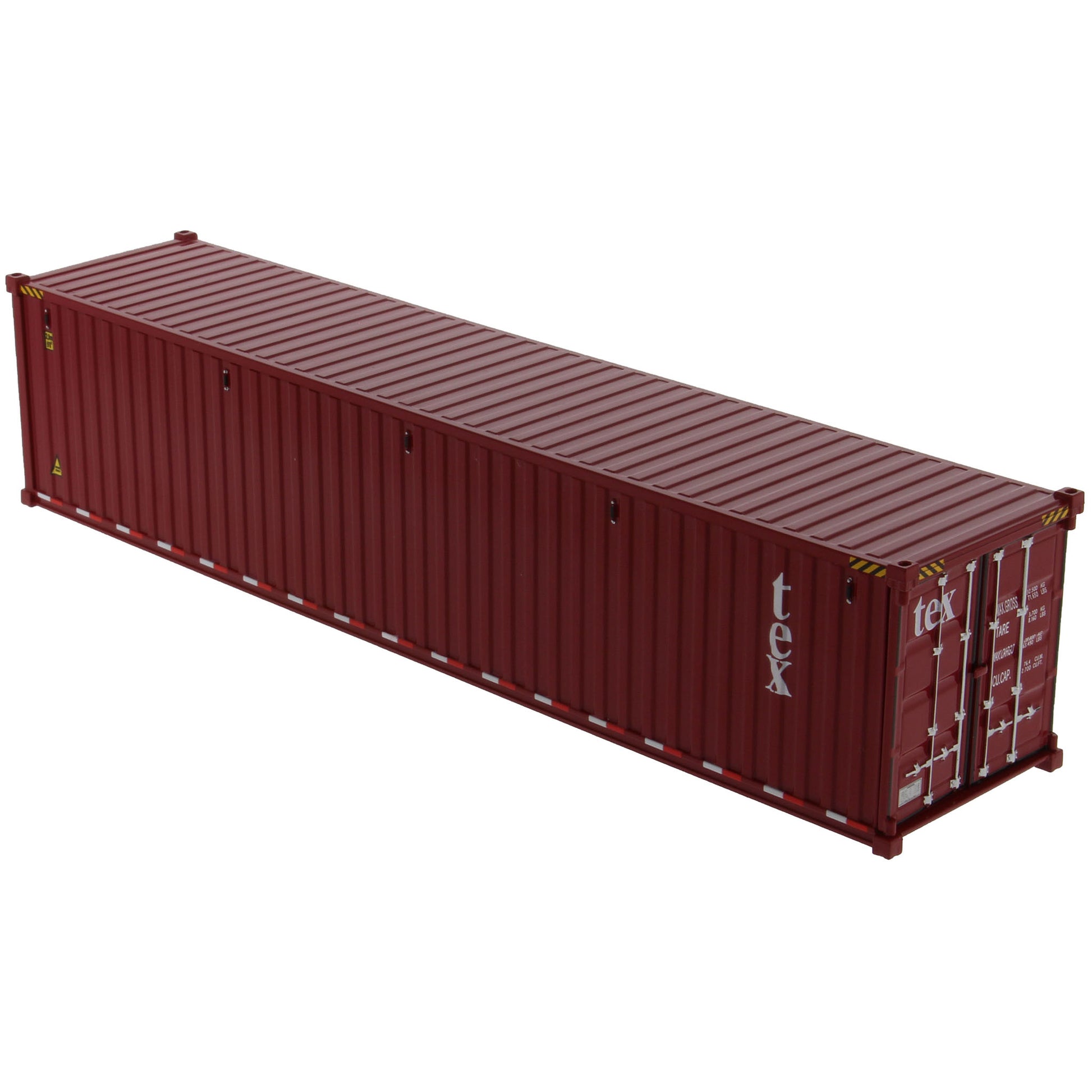 A burgundy 40 foot shipping container with white 'tex' text on the side, shown on a plain white background.