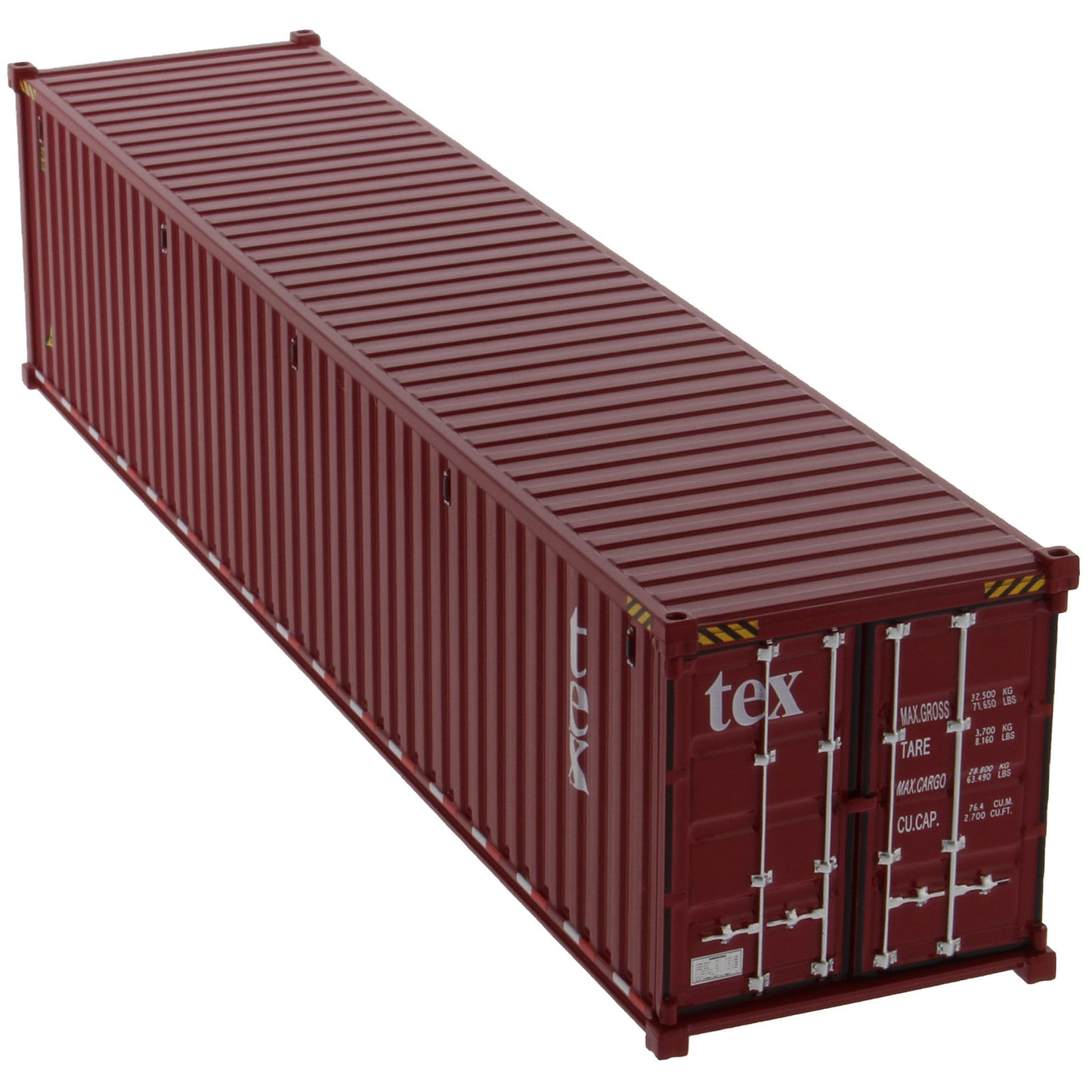 A burgundy 40 foot shipping container with white 'tex' text on the side, shown on a plain white background.