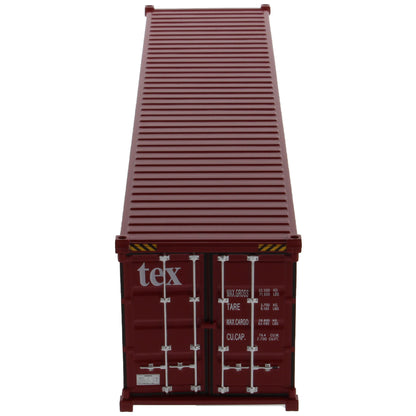 A burgundy 40 foot shipping container with white 'tex' text on the side, shown on a plain white background.
