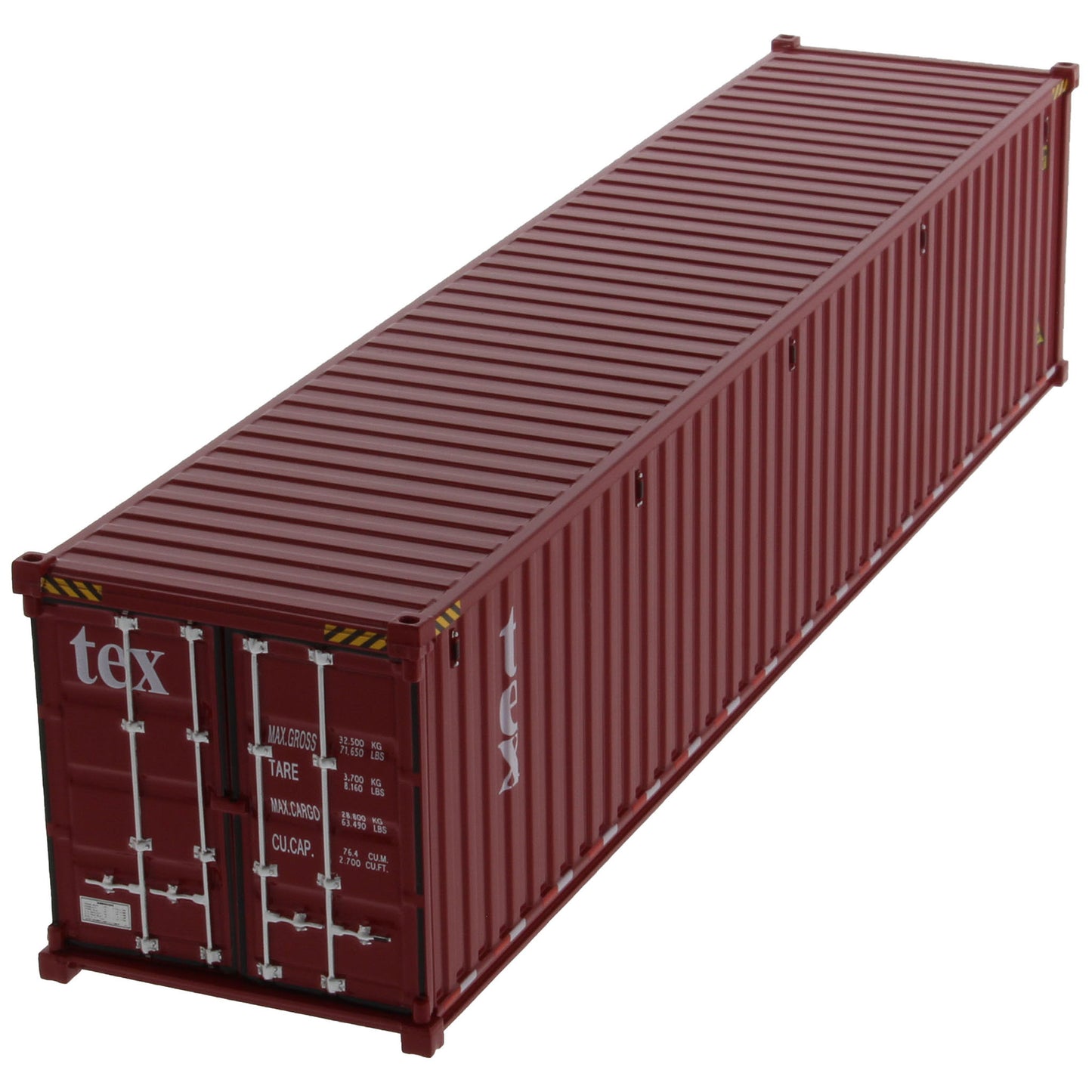 A burgundy 40 foot shipping container with white 'tex' text on the side, shown on a plain white background.