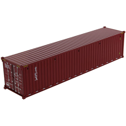 A burgundy 40 foot shipping container with white 'tex' text on the side, shown on a plain white background.