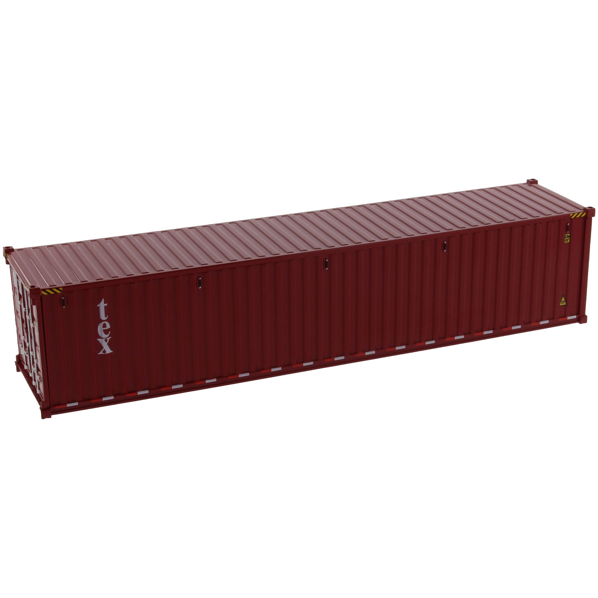 A burgundy 40 foot shipping container with white 'tex' text on the side, shown on a plain white background.