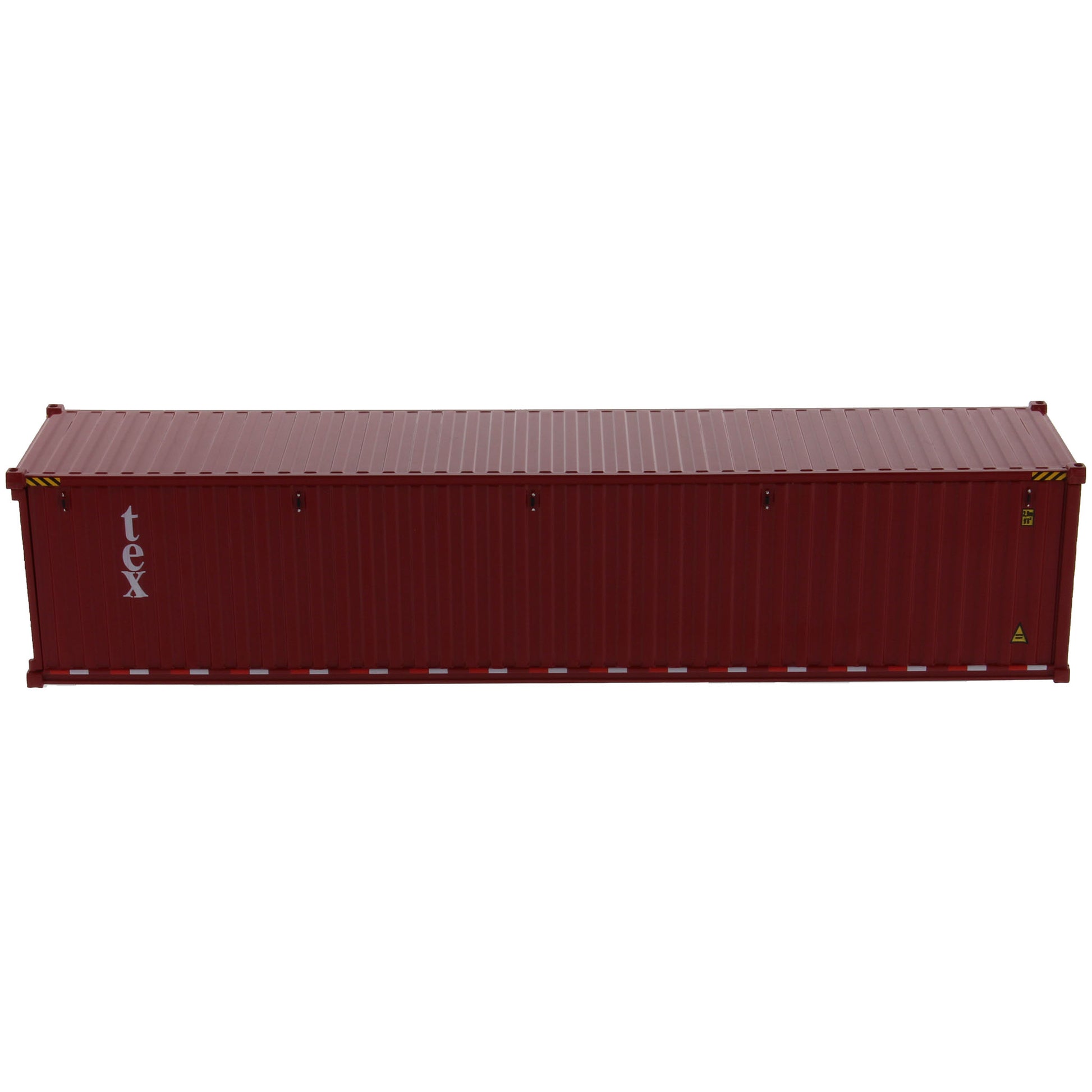 A burgundy 40 foot shipping container with white 'tex' text on the side, shown on a plain white background.