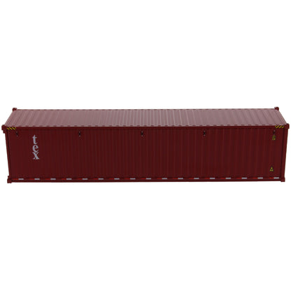 A burgundy 40 foot shipping container with white 'tex' text on the side, shown on a plain white background.