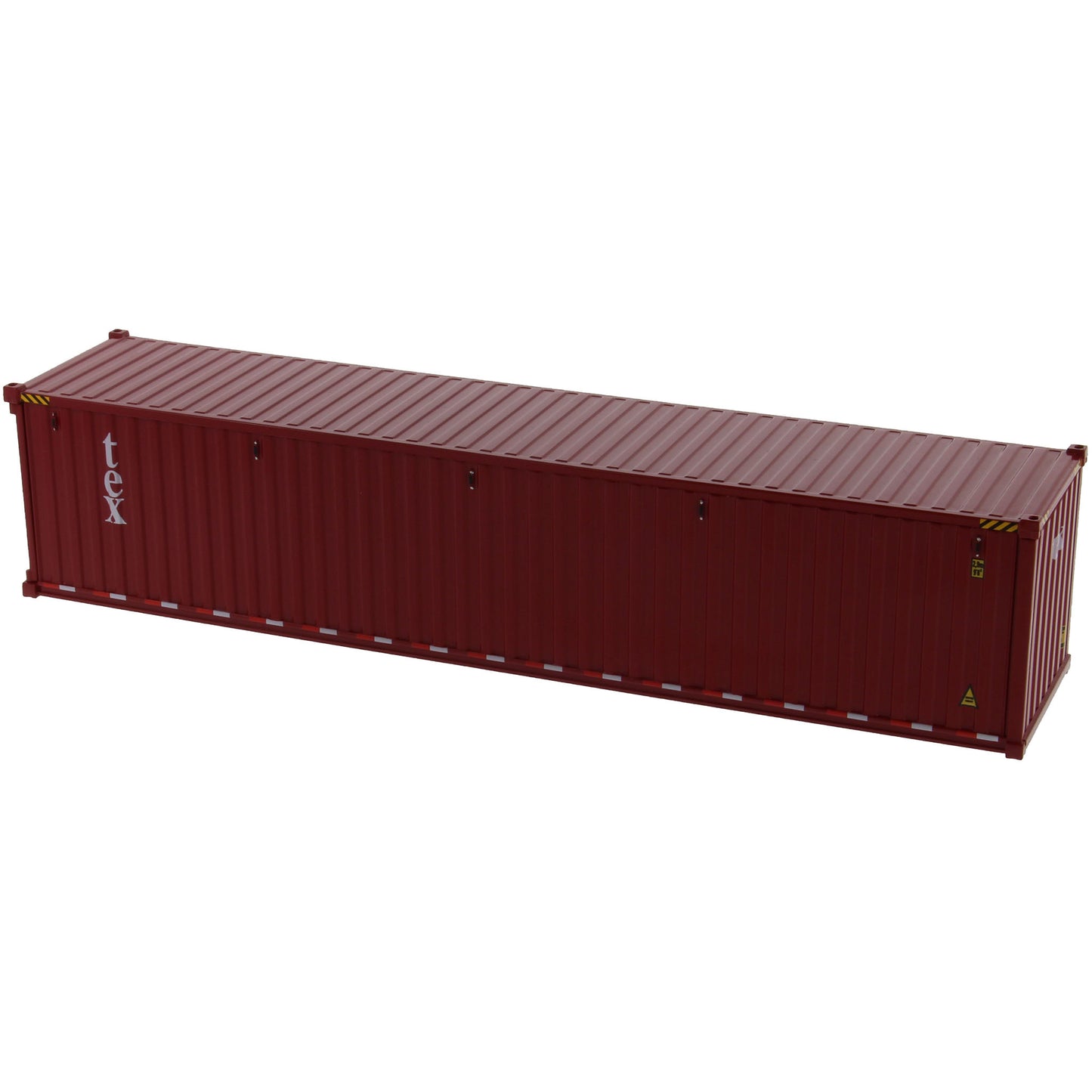 A burgundy 40 foot shipping container with white 'tex' text on the side, shown on a plain white background.