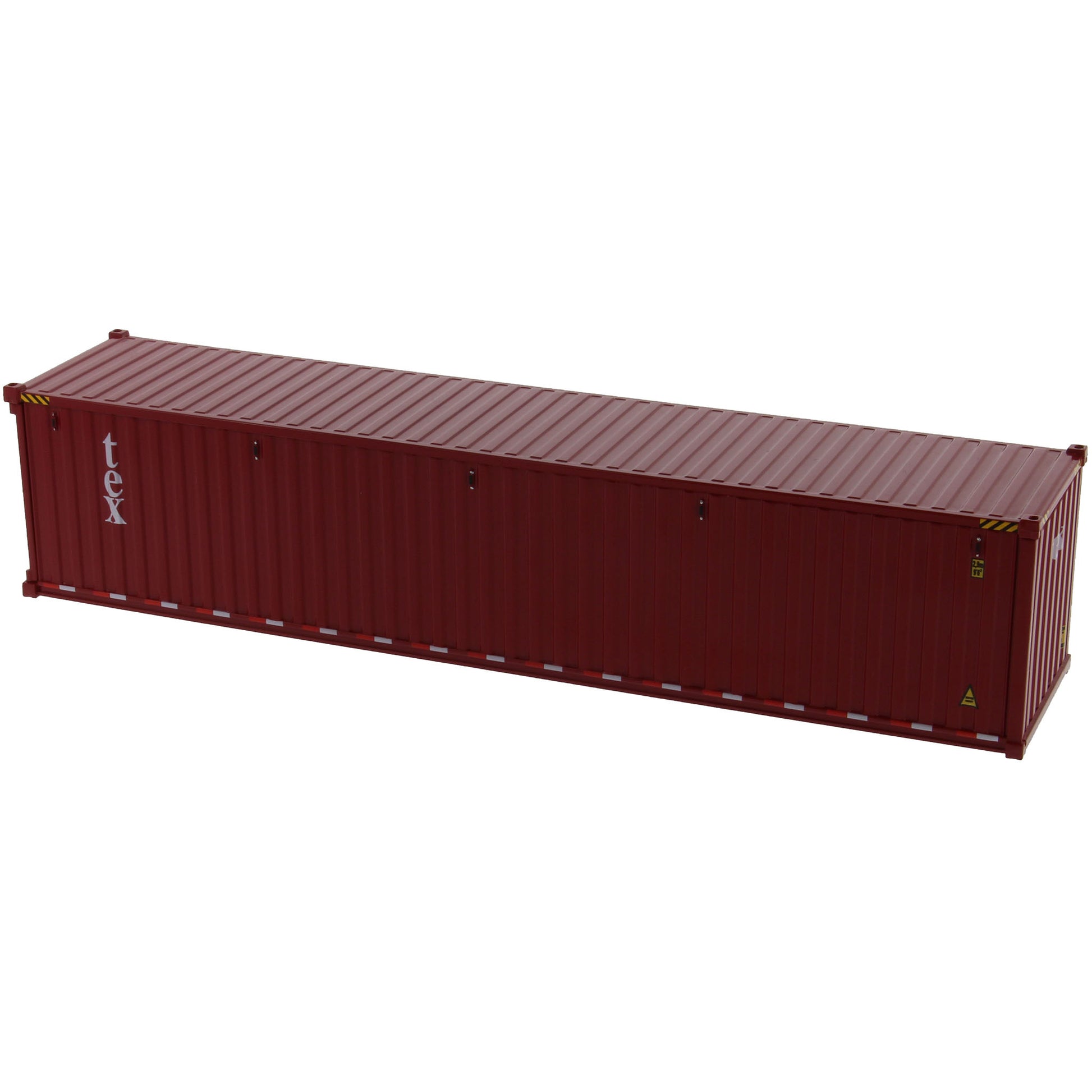 A burgundy 40 foot shipping container with white 'tex' text on the side, shown on a plain white background.