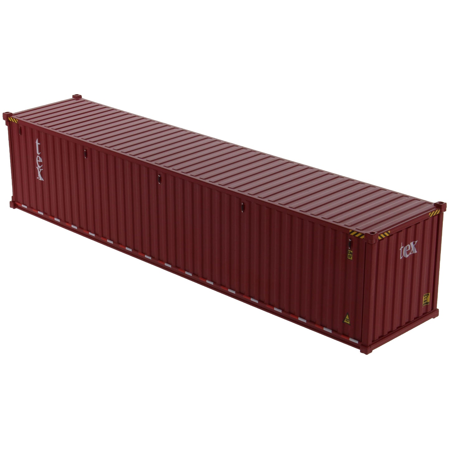 A burgundy 40 foot shipping container with white 'tex' text on the side, shown on a plain white background.