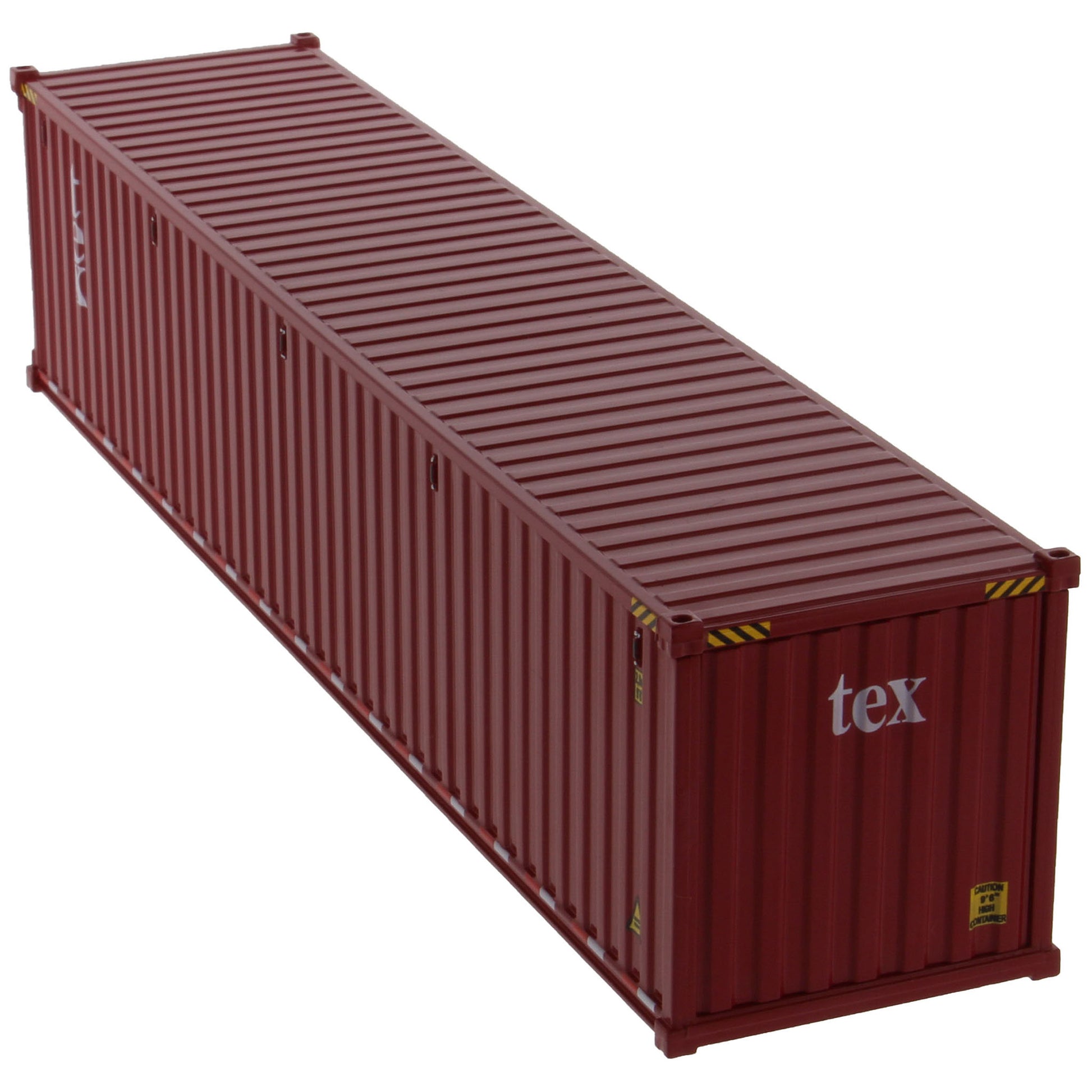 A burgundy 40 foot shipping container with white 'tex' text on the side, shown on a plain white background.