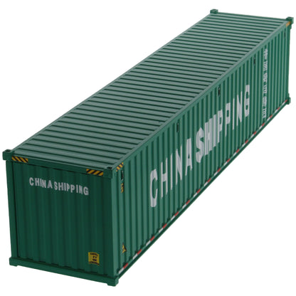 A green 40 foot shipping container with white 'CHINA SHIPPING' text and Chinese characters on the side, shown on a plain white background.