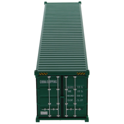 A green 40 foot shipping container with white 'CHINA SHIPPING' text and Chinese characters on the side, shown on a plain white background.