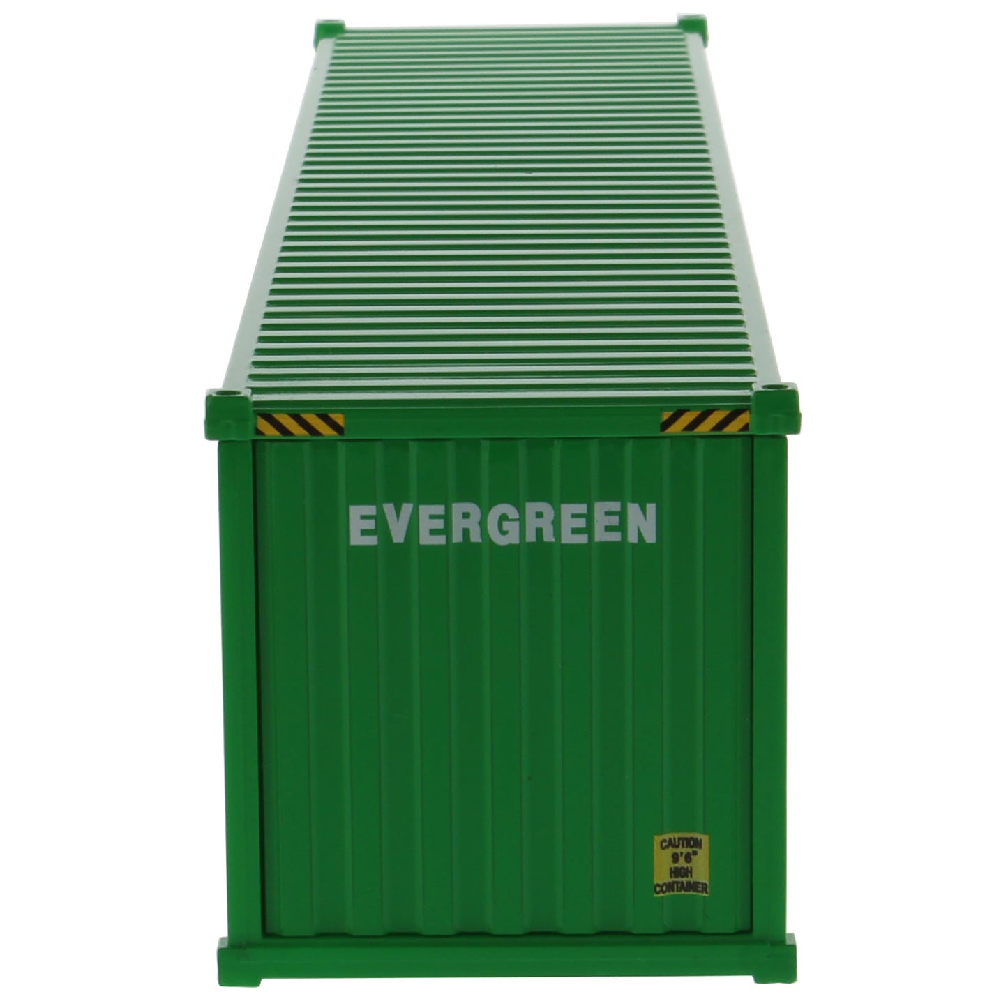A green 40' shipping container with large white 'EVERGREEN' lettering on the side, shown at an angle on a plain white background.