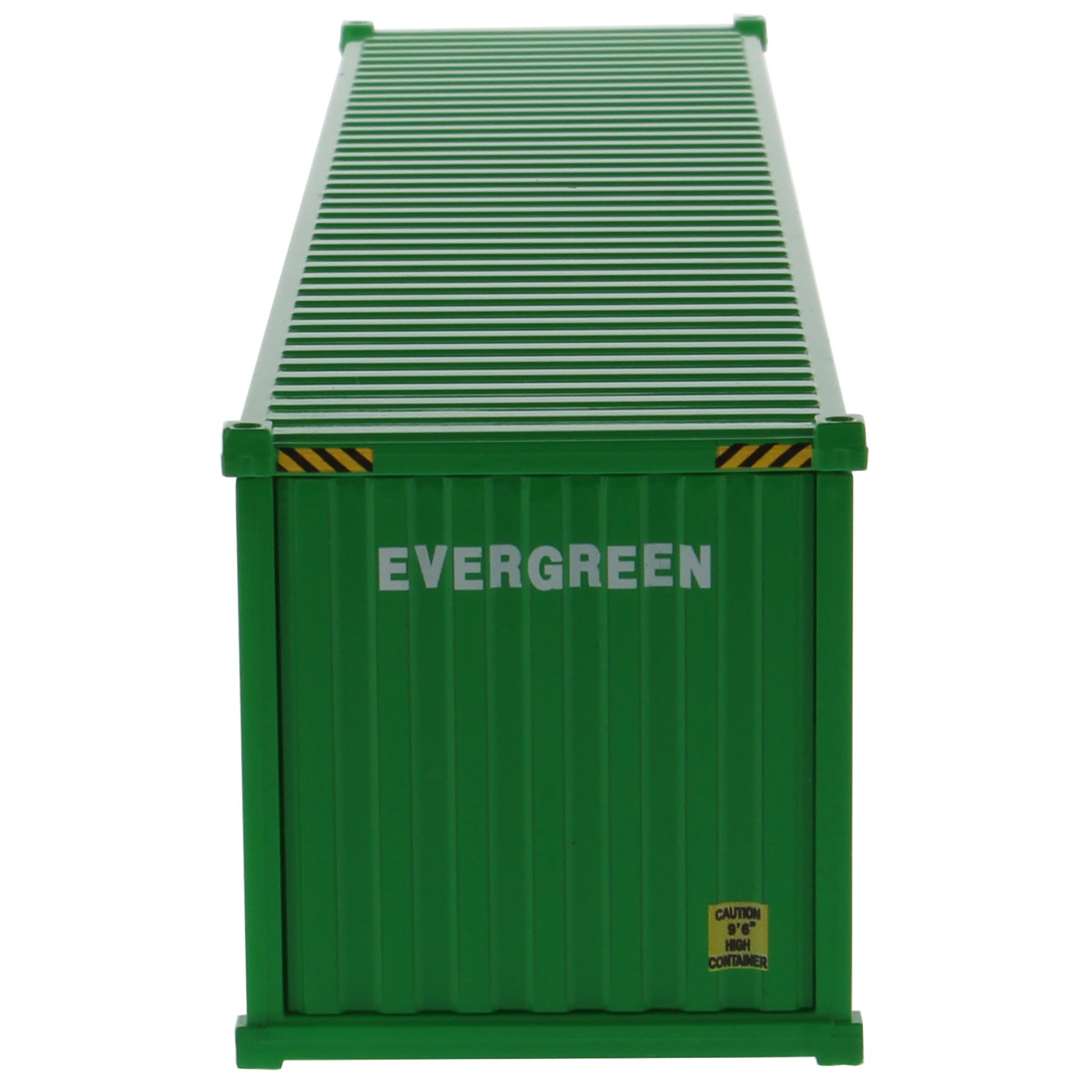 A green 40' shipping container with large white 'EVERGREEN' lettering on the side, shown at an angle on a plain white background.