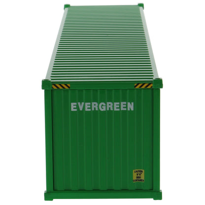 A green 40' shipping container with large white 'EVERGREEN' lettering on the side, shown at an angle on a plain white background.