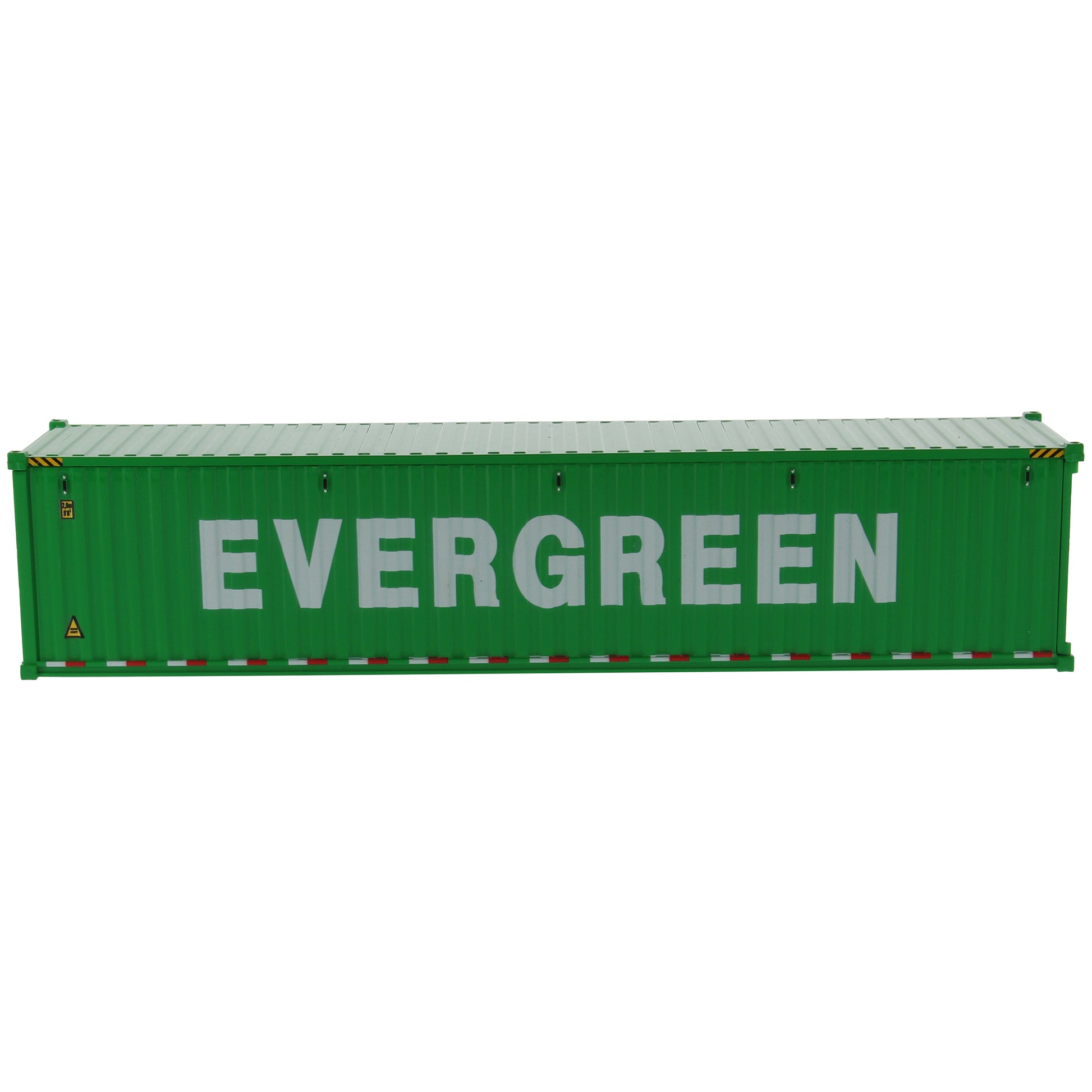 A green 40' shipping container with large white 'EVERGREEN' lettering on the side, shown at an angle on a plain white background.