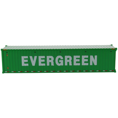 A green 40' shipping container with large white 'EVERGREEN' lettering on the side, shown at an angle on a plain white background.