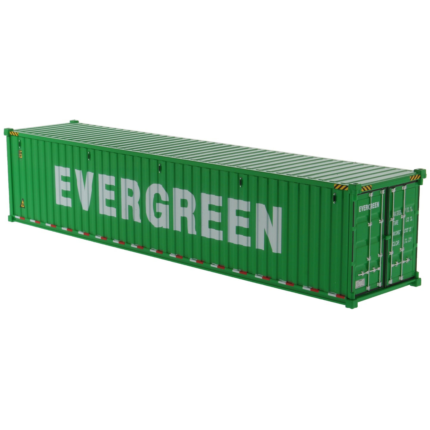 A green 40' shipping container with large white 'EVERGREEN' lettering on the side, shown at an angle on a plain white background.