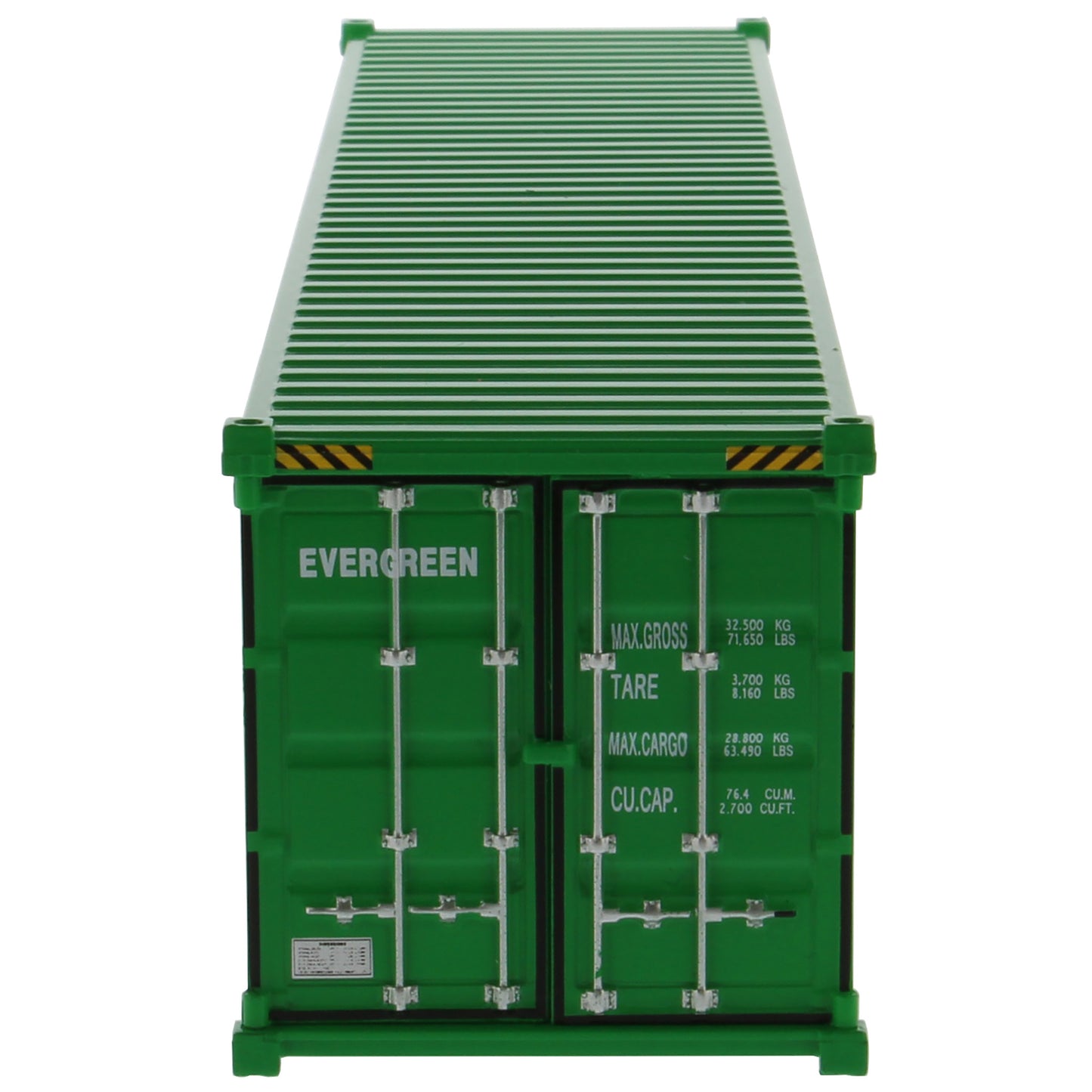 A green 40' shipping container with large white 'EVERGREEN' lettering on the side, shown at an angle on a plain white background.
