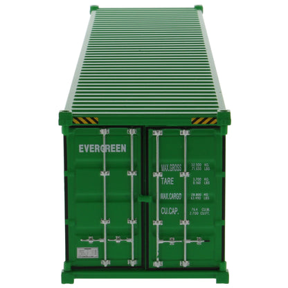 A green 40' shipping container with large white 'EVERGREEN' lettering on the side, shown at an angle on a plain white background.