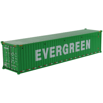 A green 40' shipping container with large white 'EVERGREEN' lettering on the side, shown at an angle on a plain white background.