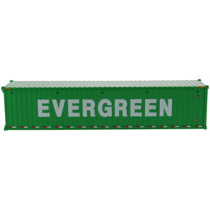 A green 40' shipping container with large white 'EVERGREEN' lettering on the side, shown at an angle on a plain white background.