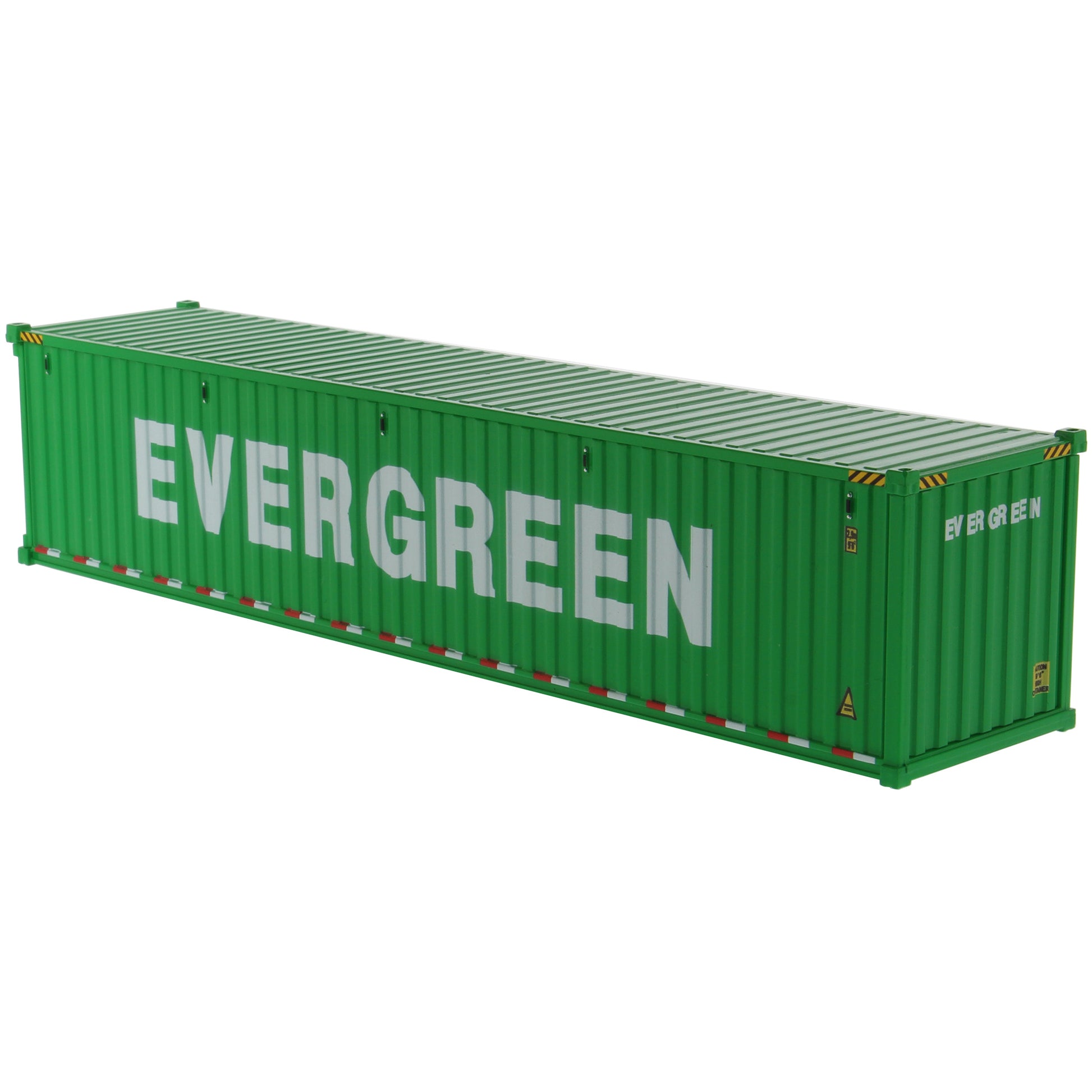 A green 40' shipping container with large white 'EVERGREEN' lettering on the side, shown at an angle on a plain white background.