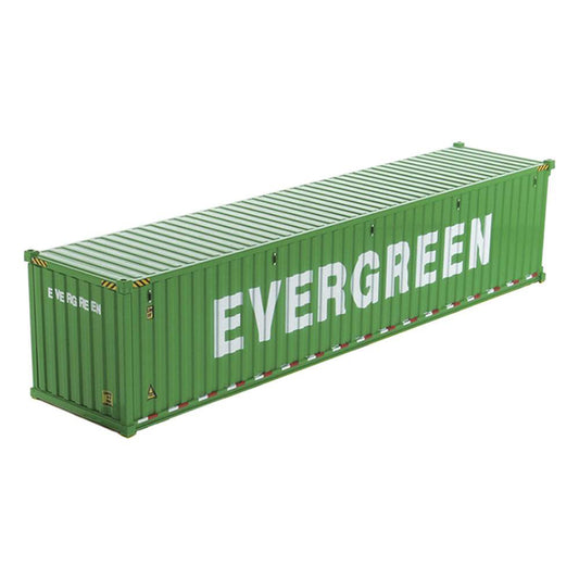 Green shipping container with 'Evergreen' branding on a white background