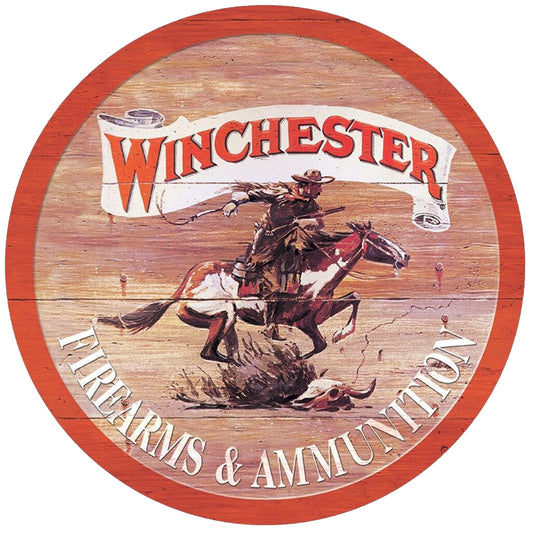 Round Winchester advertisement with a cowboy on a horse, featuring the brand name and product types.