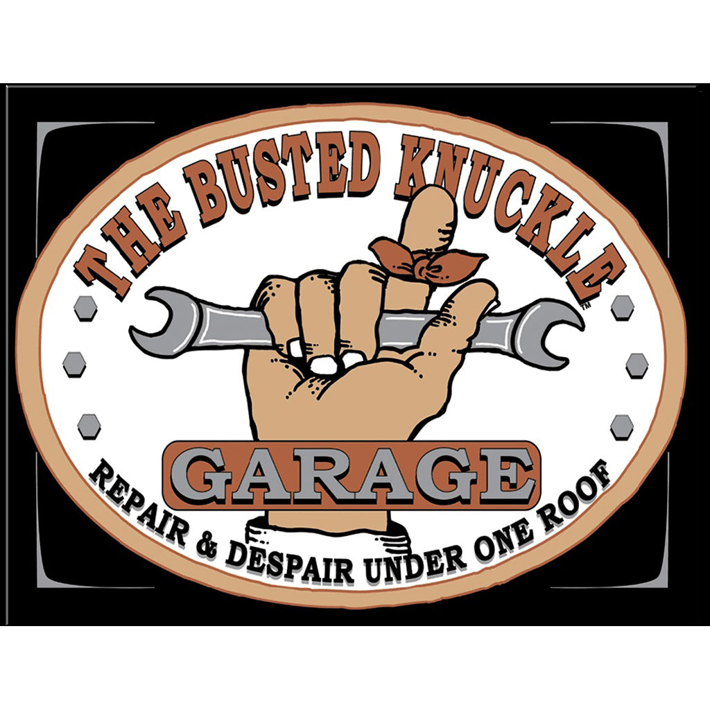 Logo for 'The Busted Knuckle Garage' with a hand holding wrenches on a white background.