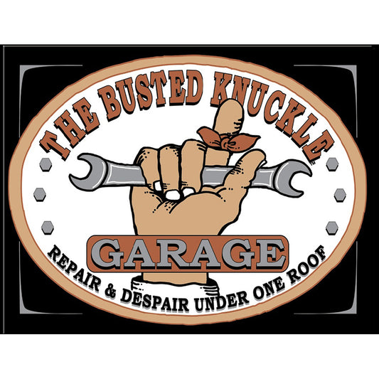 Logo for 'The Busted Knuckle Garage' with a hand holding wrenches on a white background.