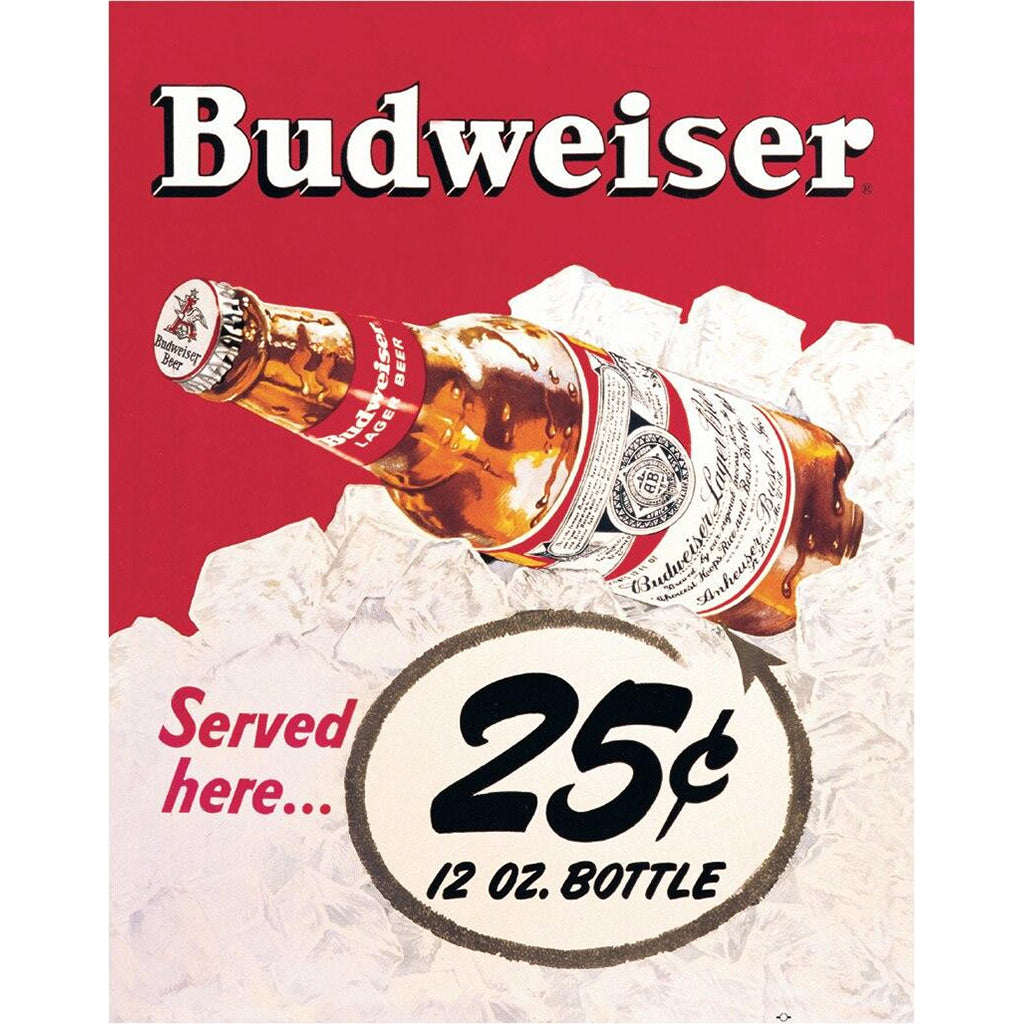 Budweiser beer bottle on ice with a red background and text about 25-cent bottles.
