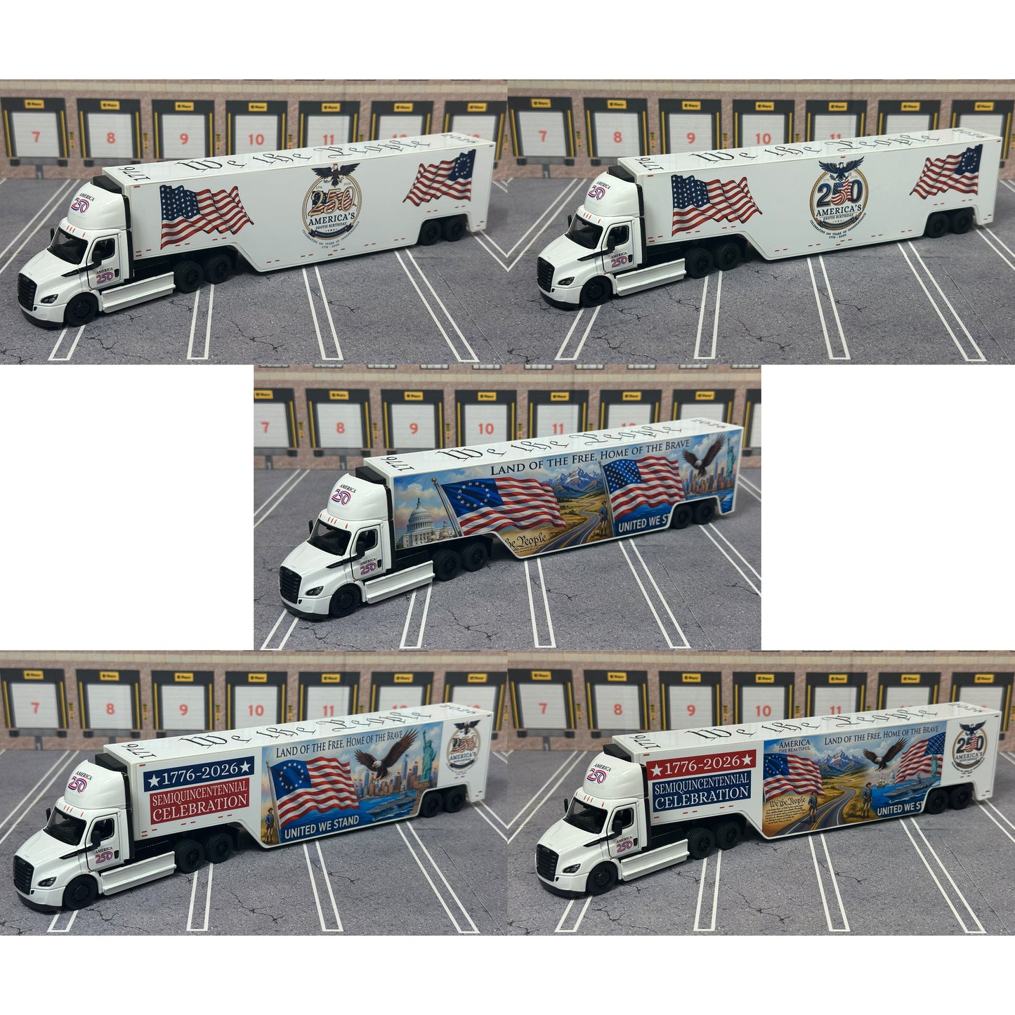 Five views of a diecast model Freightliner semi-truck and trailer set, decorated with patriotic American flag and celebration graphics, displayed on a gray miniature parking lot background.