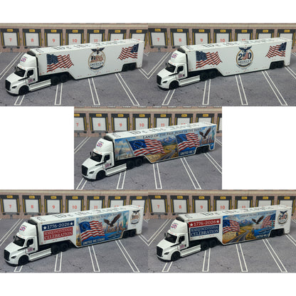 Five views of a diecast model Freightliner semi-truck and trailer set, decorated with patriotic American flag and celebration graphics, displayed on a gray miniature parking lot background.