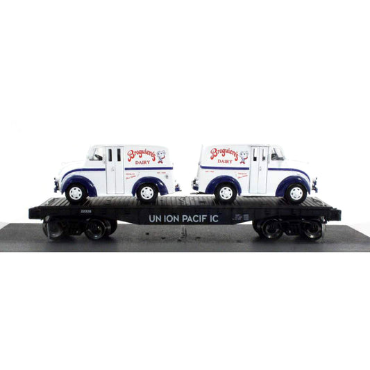 Flat Car "Union Pacific Railroad" w/2 Divco Delivery Trucks "Broguiere's Dairy"