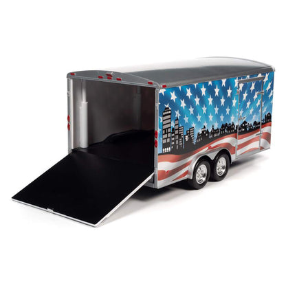 1:18 Scale Bumper Pull Enclosed Trailer "Brave & Bold" (Red/White/Blue)