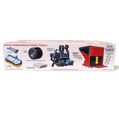 Model kit packaging with illustrations and branding on a white background