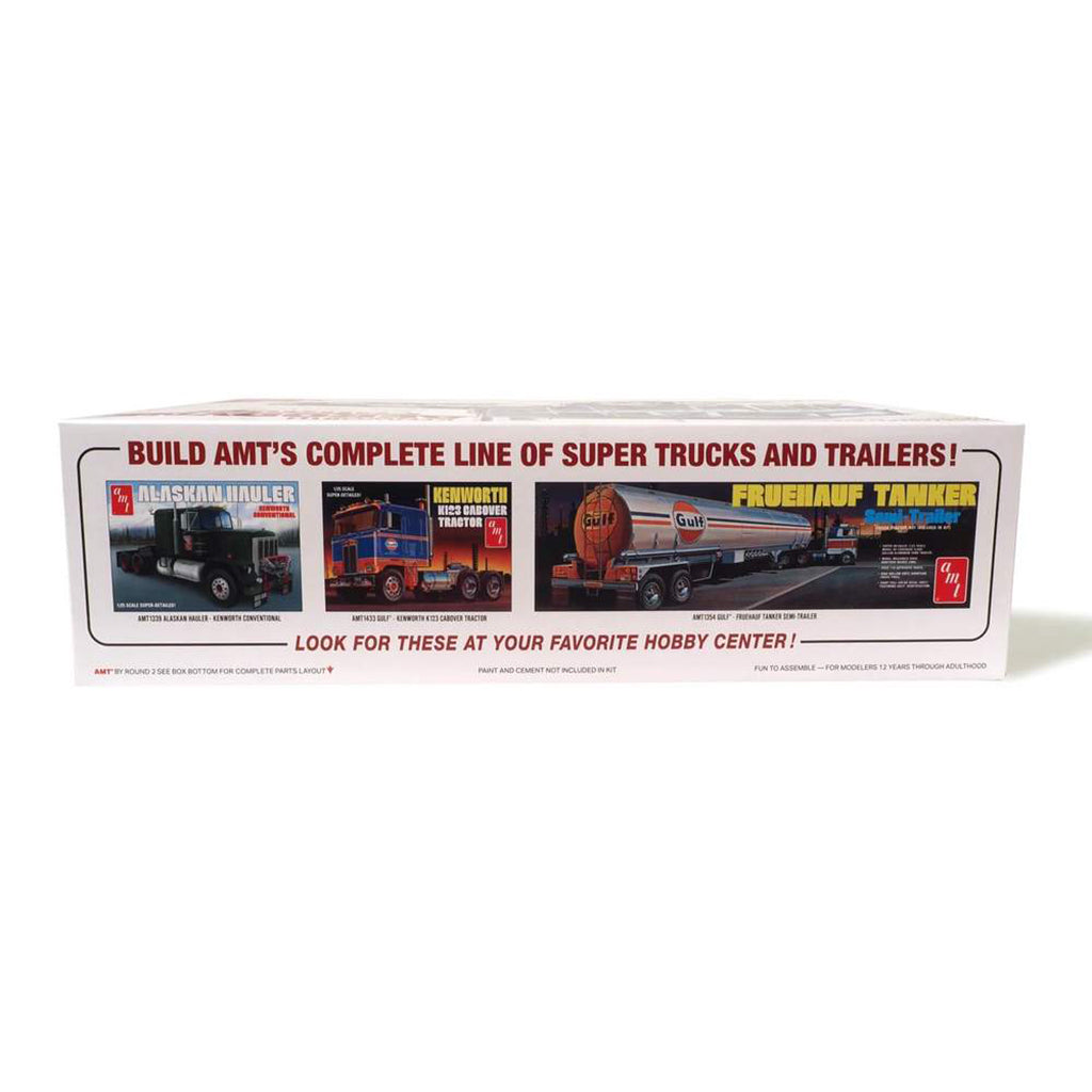 Model truck kit packaging with images of trucks and text on a white background