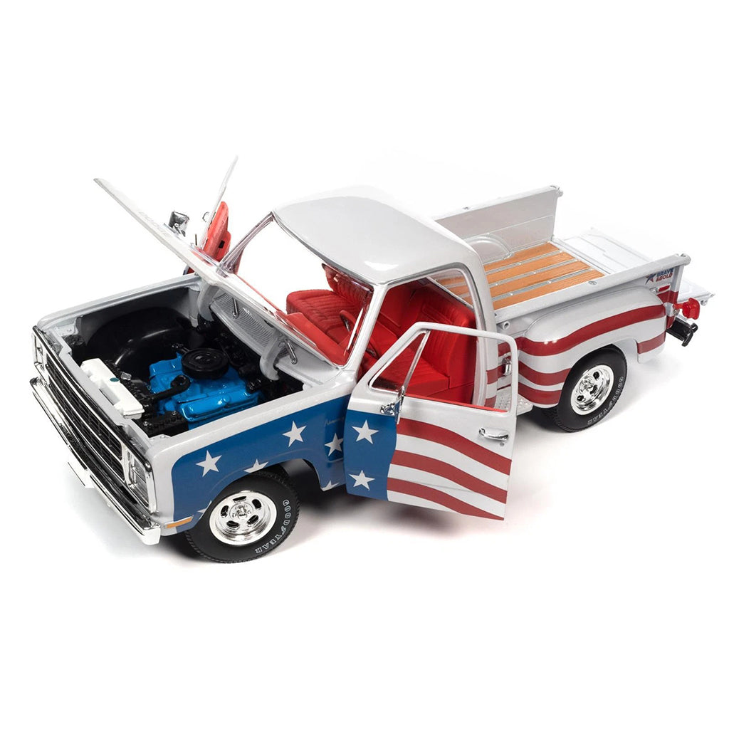 Model truck with American flag design on a white background
