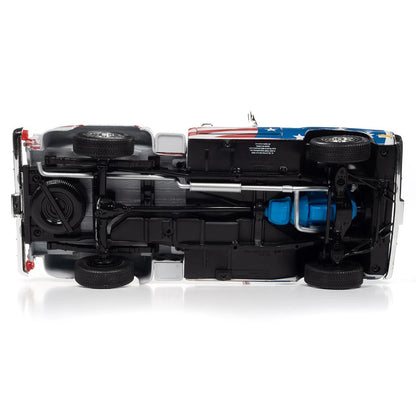 Model car with open hood on a white background