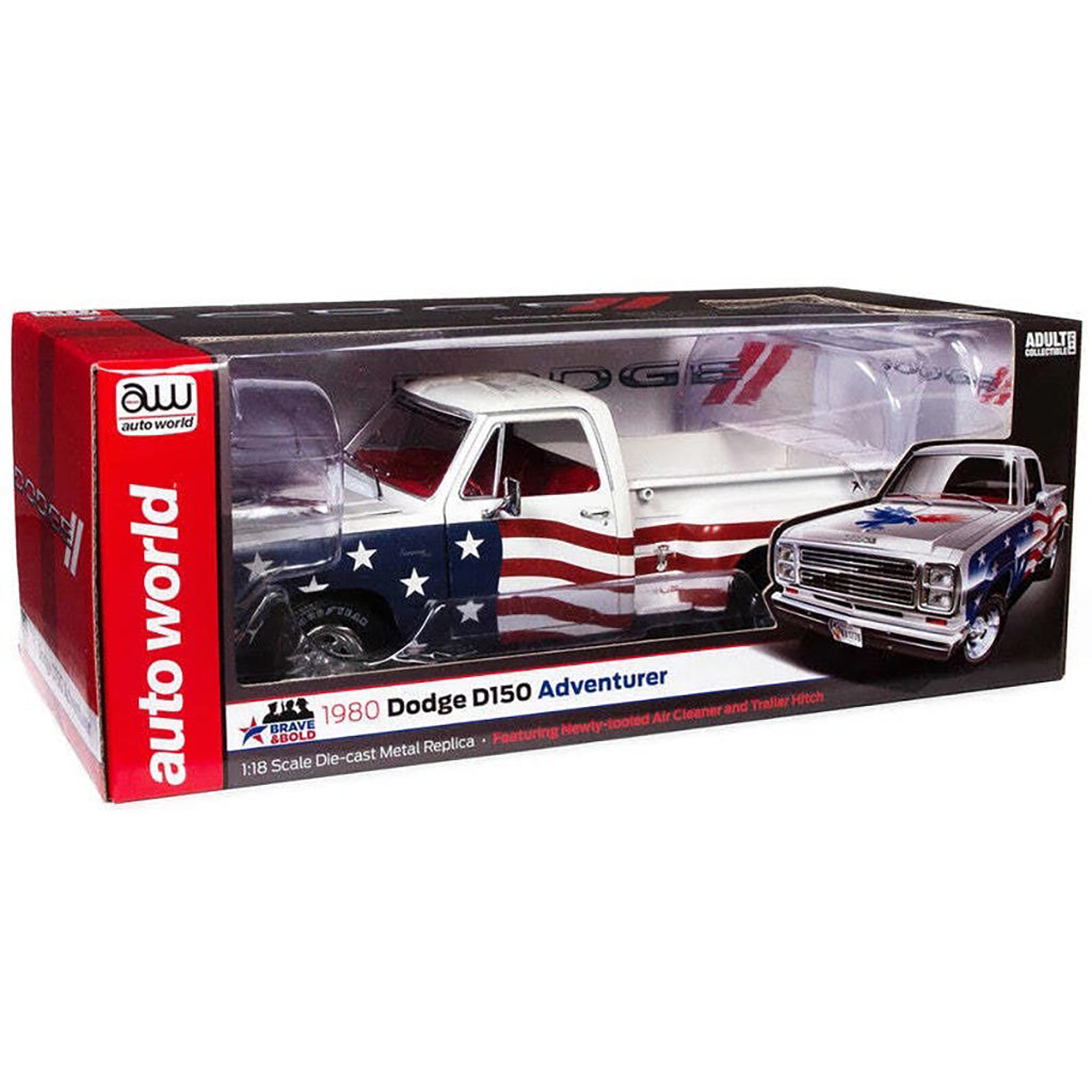 Boxed model of a 1980 Dodge D150 Adventurer with American flag design, featuring Auto World branding.