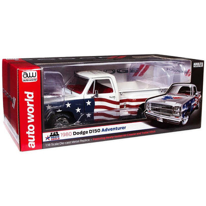 Boxed model of a 1980 Dodge D150 Adventurer with American flag design, featuring Auto World branding.