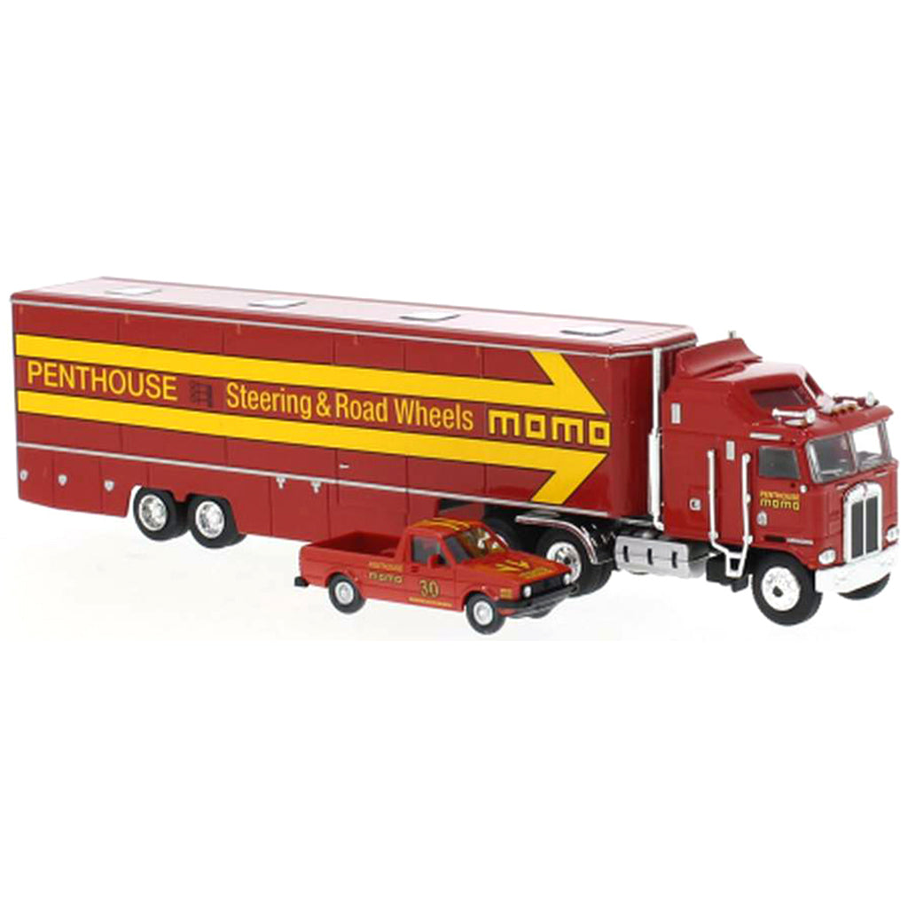 1980 Kenworth K-100 Aerodyne Racing Transporter "Momo" w/VW Caddy Pickup Truck (Red/Yellow)