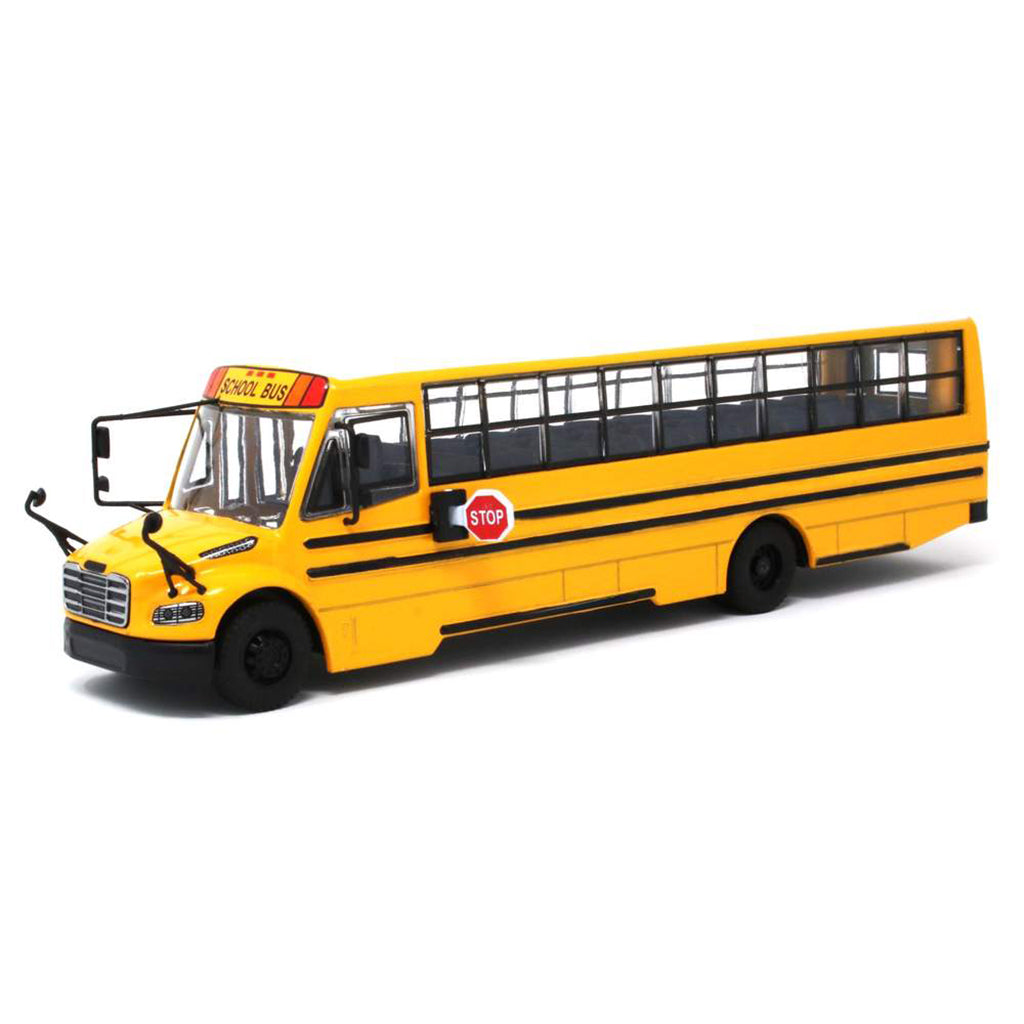 Model of a yellow school bus with black stripes on a white background